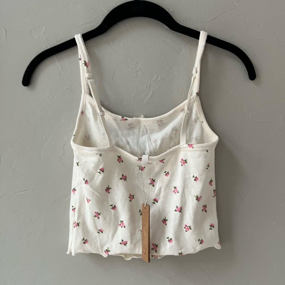 SKIMS LOGO POINTELLE CROPPED CAMI SET MARBLE PINK ROSEBUD PRINT XS - Picture 7 of 11